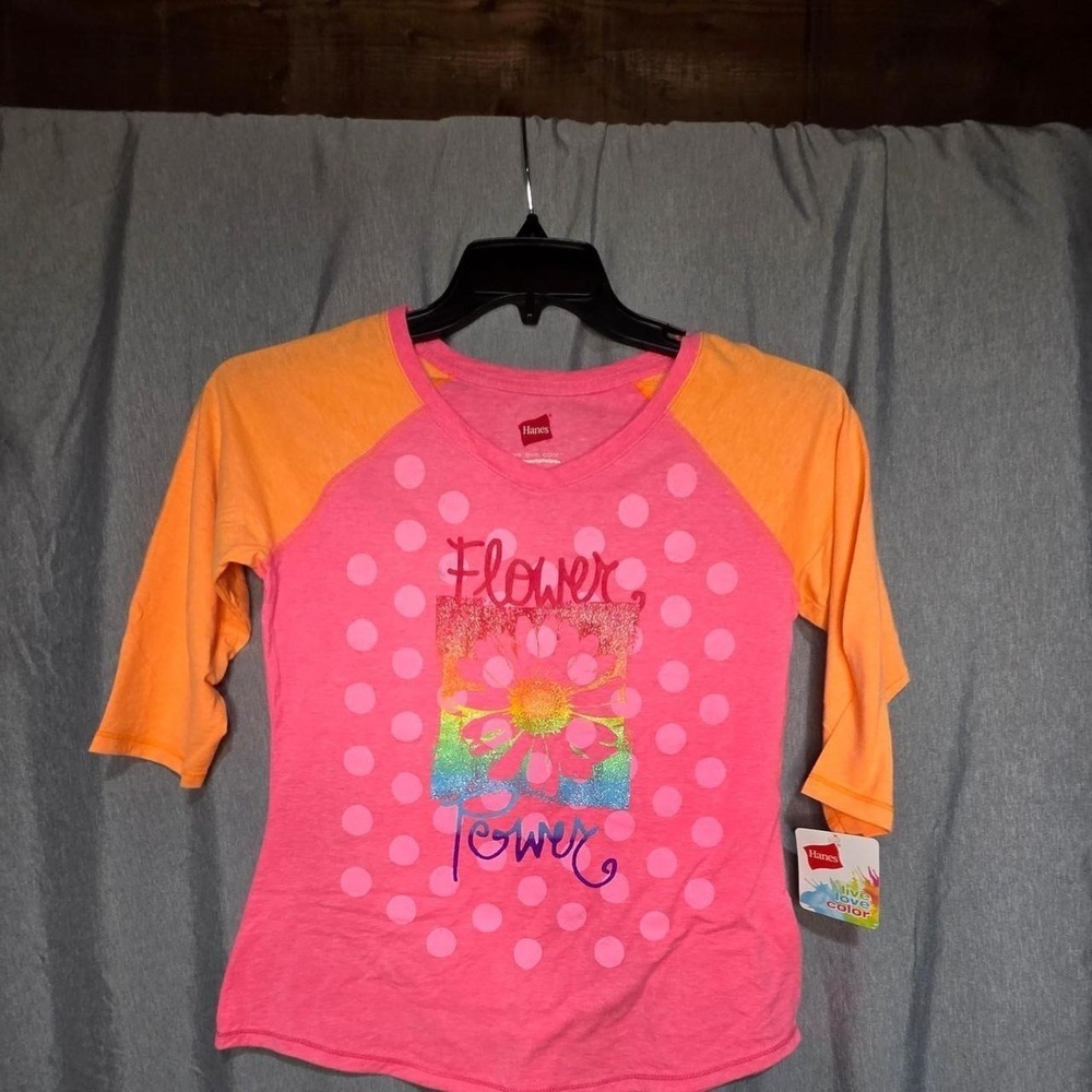 Hanes Flower Power Pink Orange Raglan 3/4 Sleeve Graphic Tee XL New